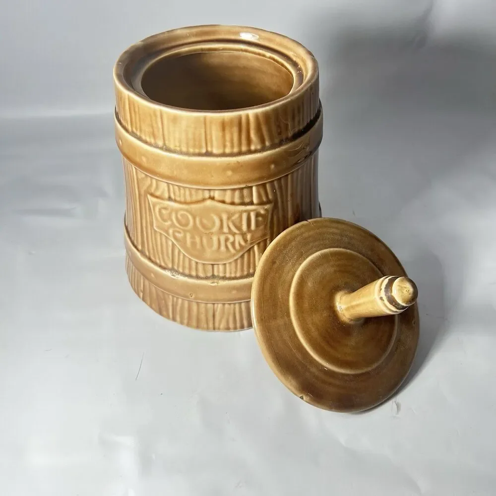 McCoy Vintage Pottery Butter Churn Yellow Dogwood Cookie Jar, 12